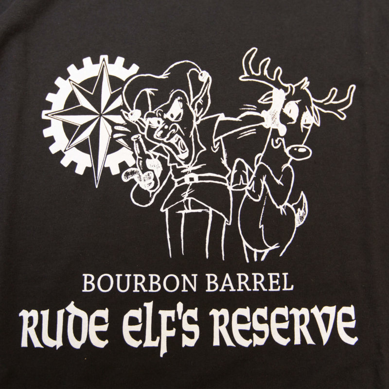 Black Long Sleeve Bourbon Barrel Rude Elf Shirt Front Closeup