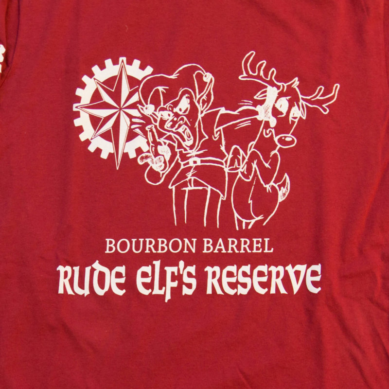 Red Long sleeve Bourbon Barrel Rude Elf Shirt Front Closeup
